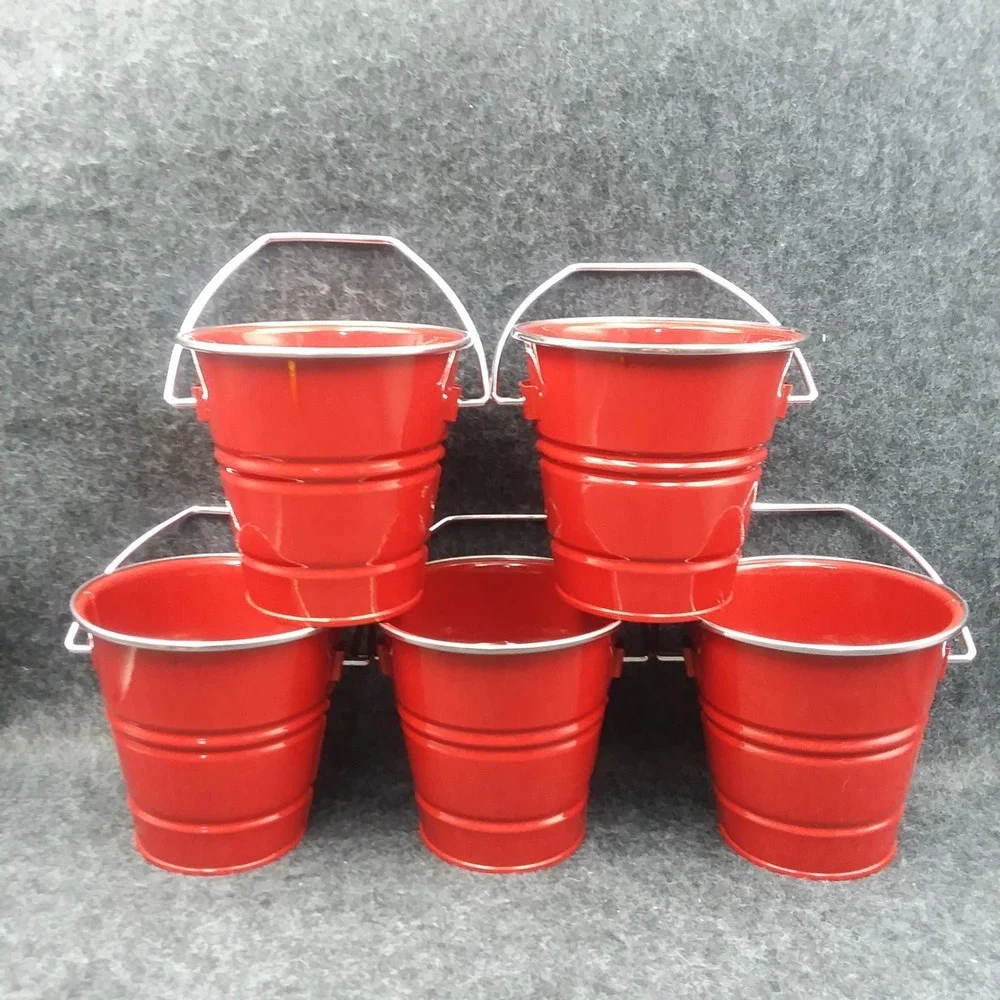 Pottery Barn Red Metal Buckets - Set of 5